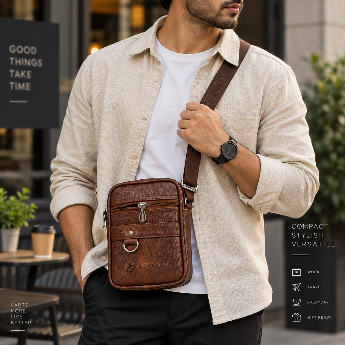 Devonshii Tan Sling Bag for Men & Women Lifestyle Image