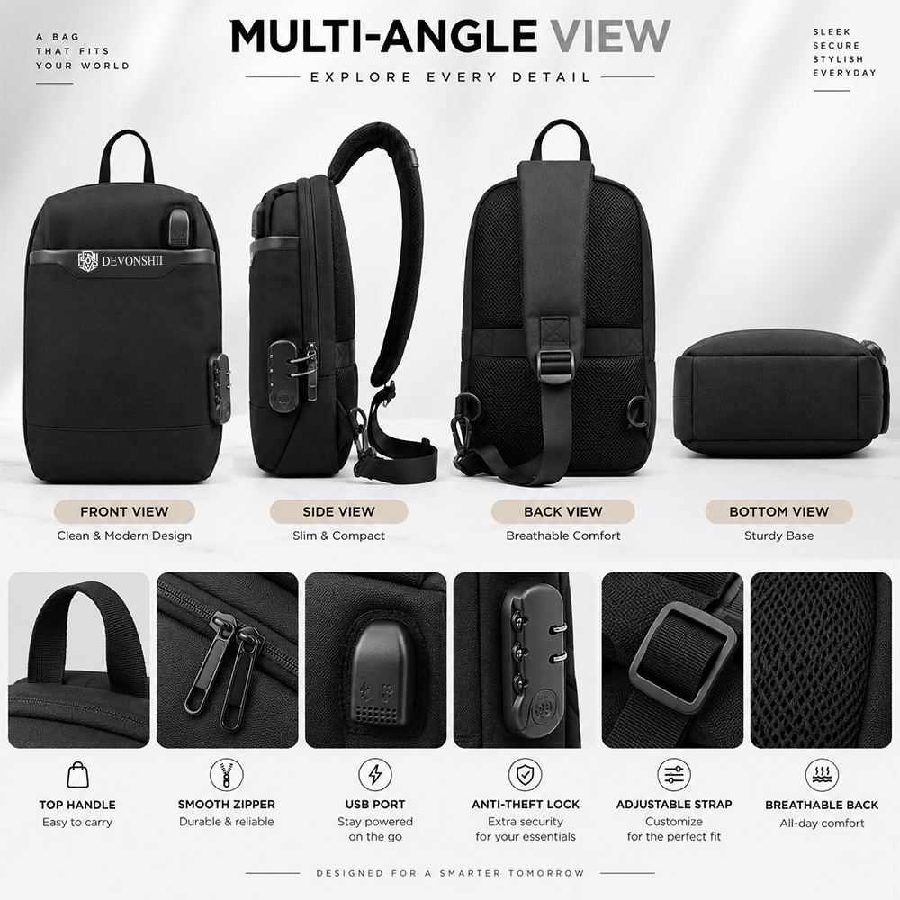 Devonshii USB Charging Anti-Theft Sling Bag for Men & Women