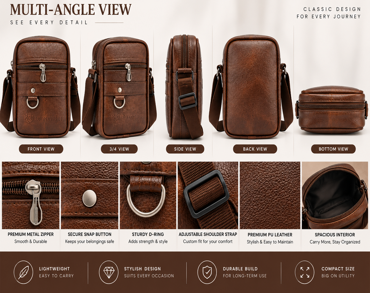 Devonshii Tan Sling Bag for Men & Women Multi-Angle View