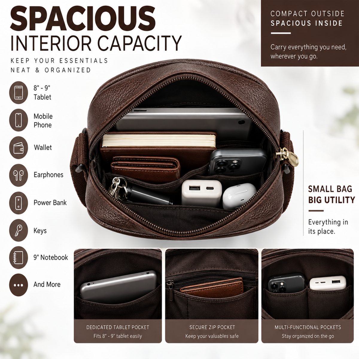 Devonshii Brown Sling Bag Interior Capacity