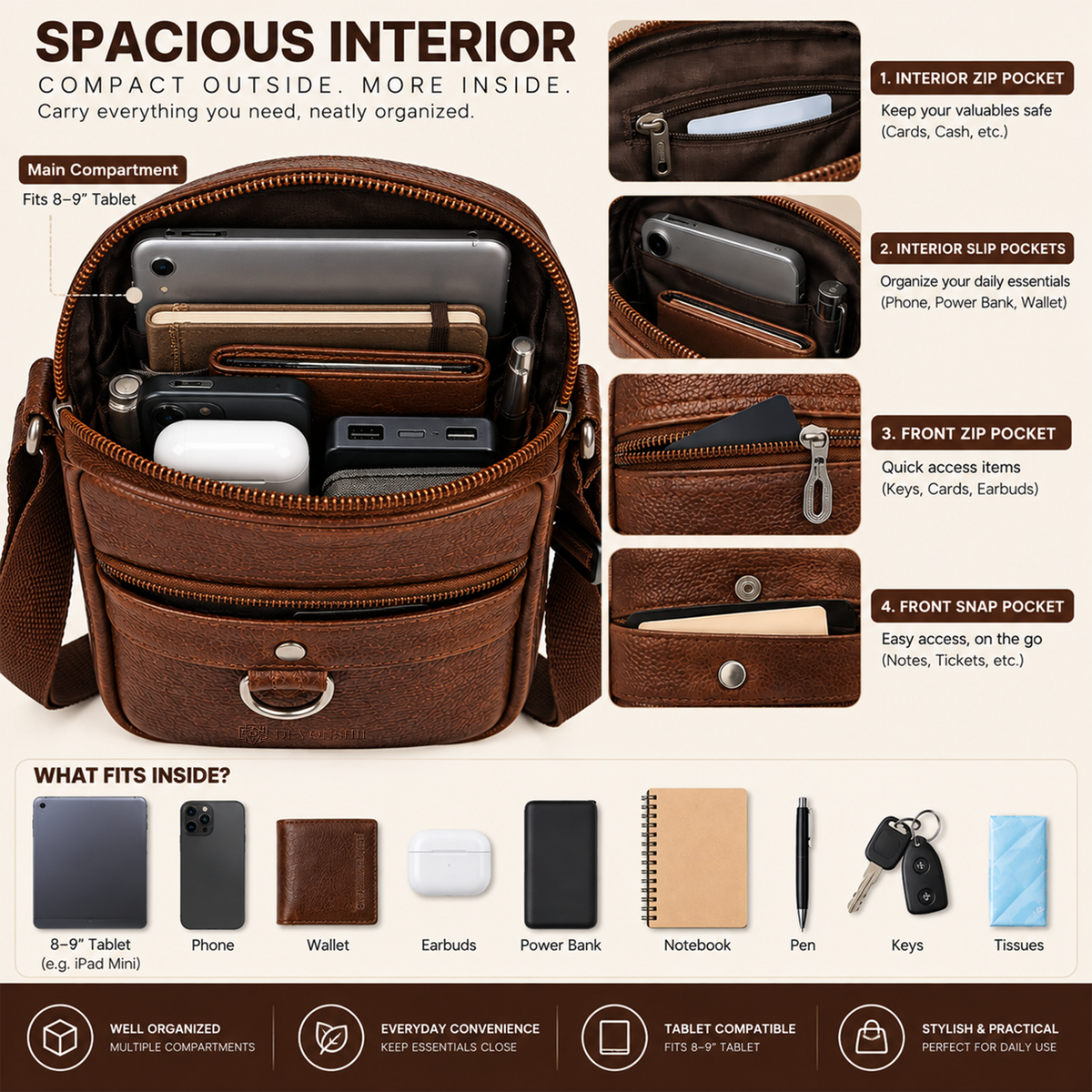 Devonshii Tan Sling Bag for Men & Women Interior Capacity