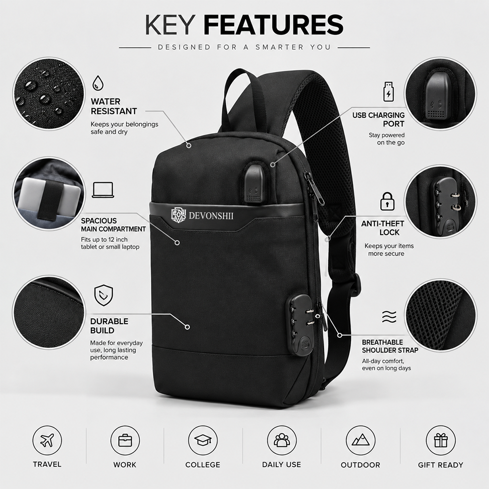 Devonshii USB Charging & Anti-theft Sling Bag for Men & Women Key Features
