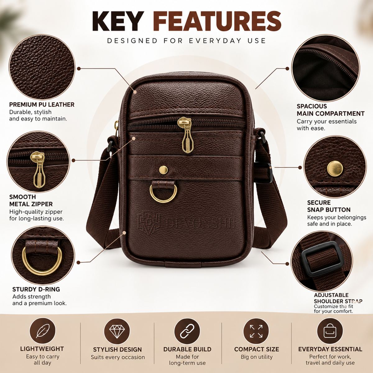 Devonshii Brown Sling Bag Key Features
