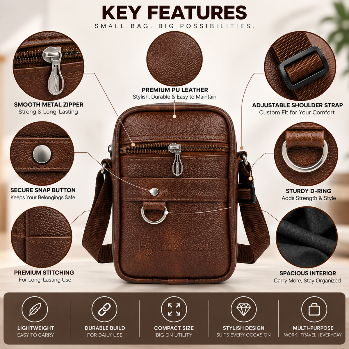 Devonshii Tan Sling Bag for Men & Women Key Features