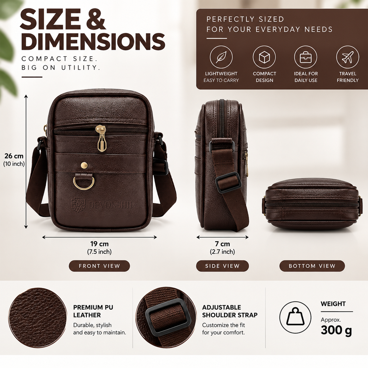 Devonshii Brown Sling Bag Size and Dimension