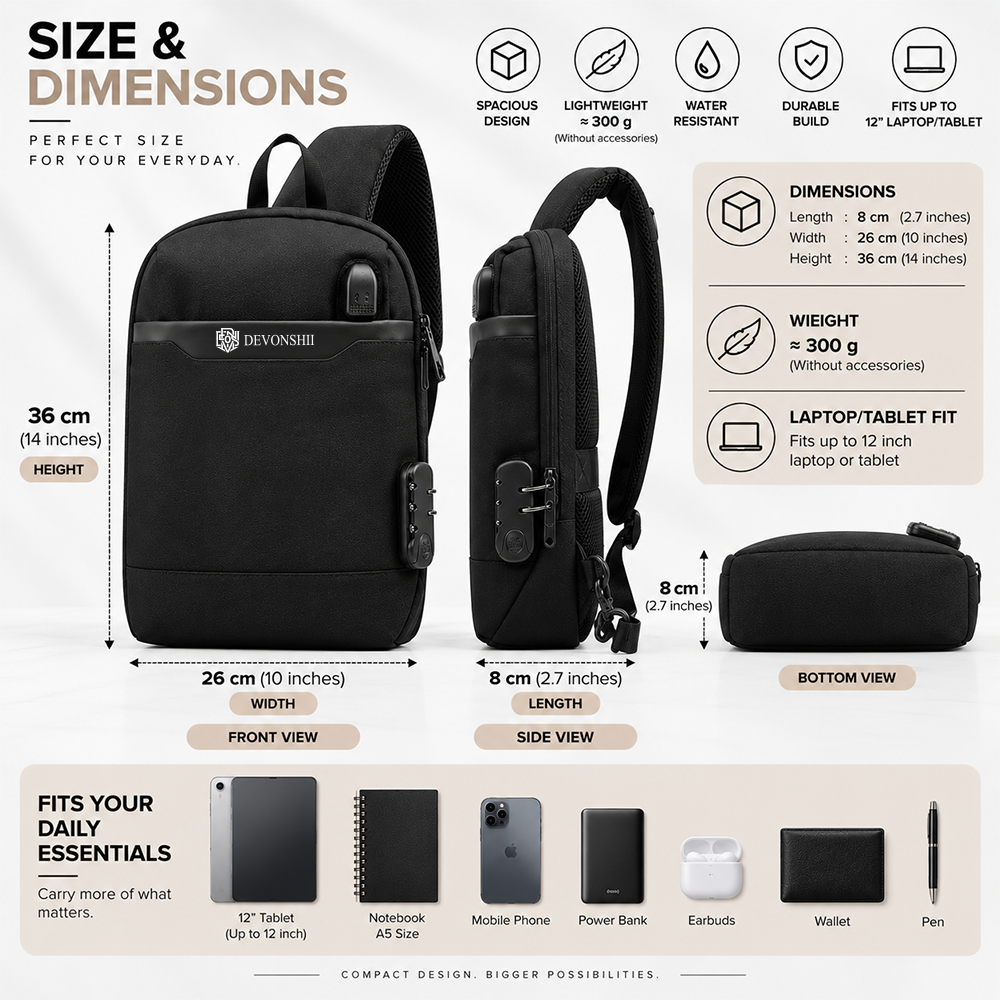 Devonshii USB Charging & Anti-theft Sling Bag for Men & Women Size & Dimension