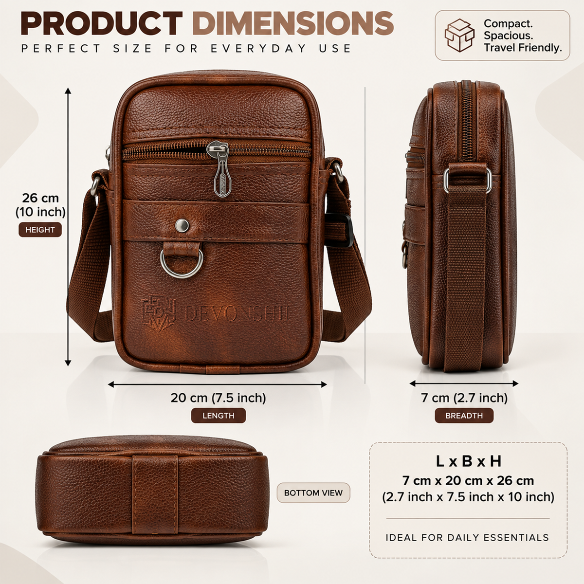 Devonshii Tan Sling Bag for Men & Women: Size and Dimension