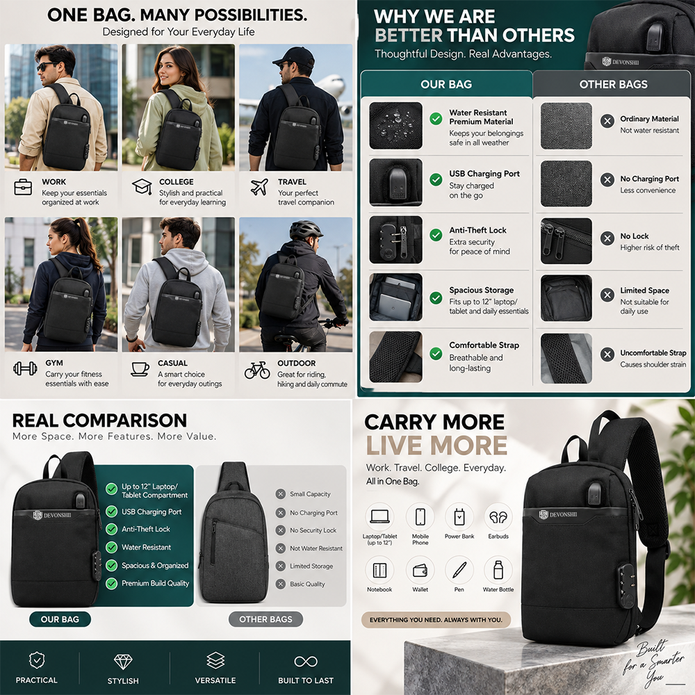 Devonshii USB Charging & Anti-theft Sling Bag for Men & Women Multi-purpose usage and Comparison Chart