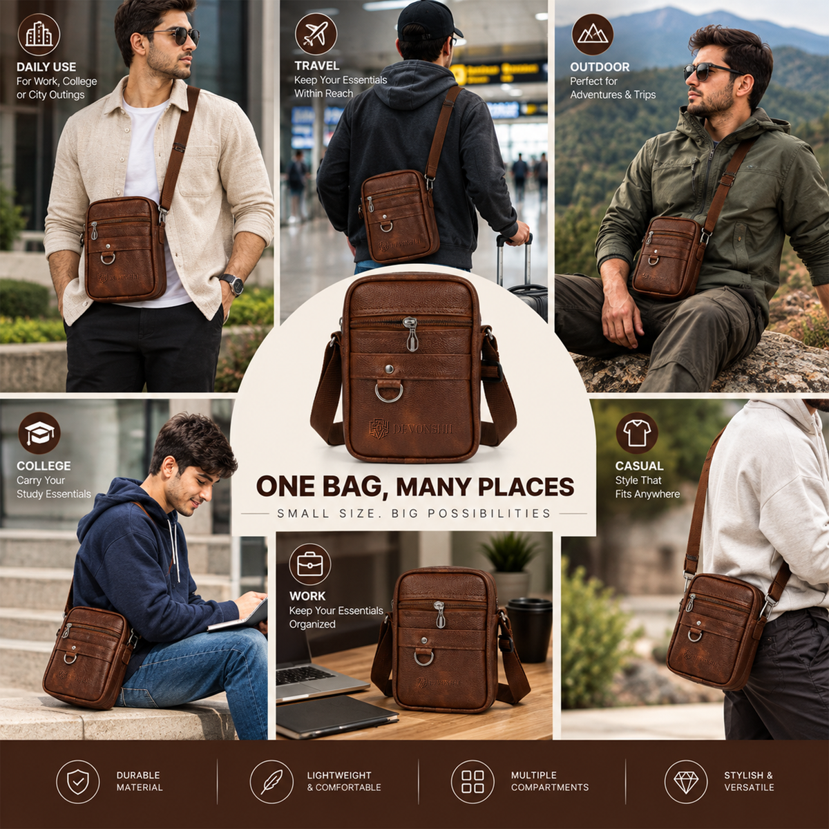 Devonshii Tan Sling Bag for Men & Women: Multi-Purpose Usage