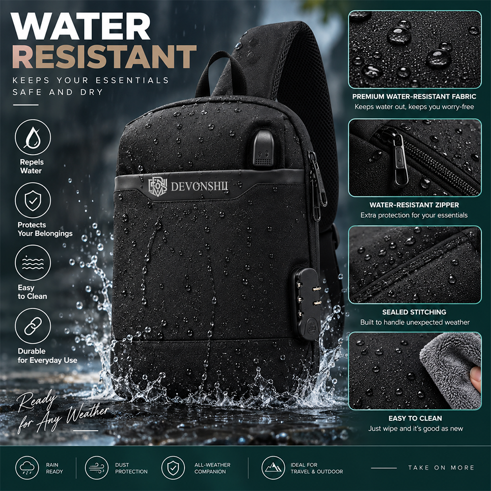 Devonshii Water-Resistant USB Charging & Anti-Theft Sling Bag for Men & Women