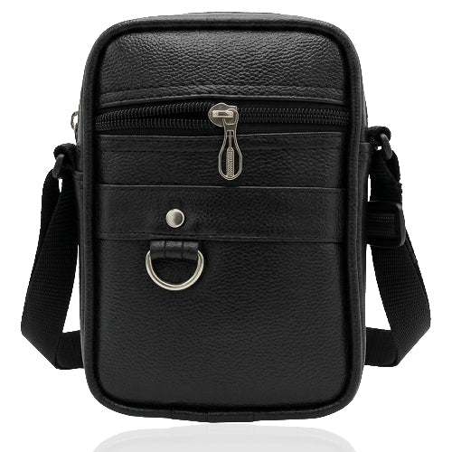Devonshii Black pebbled faux-leather crossbody bag with a front zip pocket, silver-tone zipper pull, snap button, and D-ring, shown on a white background.